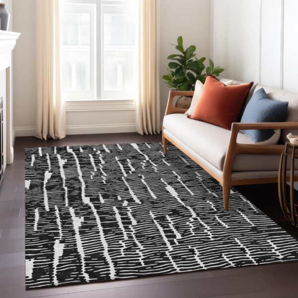 9' X 12' Black And Ivory Abstract Washable Indoor Outdoor Area Rug