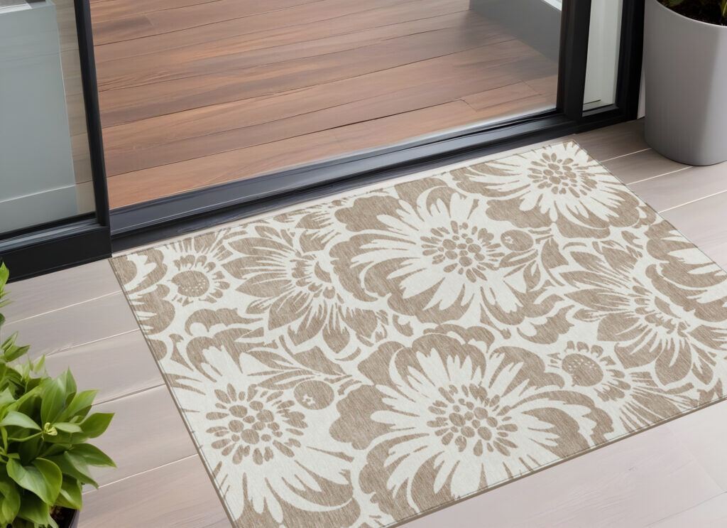 2' X 3' Taupe and Ivory Floral Washable Non Skid Indoor Outdoor Area Rug