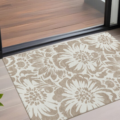 2' X 3' Taupe and Ivory Floral Washable Non Skid Indoor Outdoor Area Rug