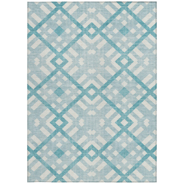 3' X 5' Teal Blue Aqua And Ivory Geometric Washable Indoor Outdoor Area Rug