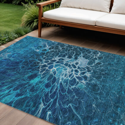 8' X 10' Navy Blue And Sky Blue Abstract Washable Indoor Outdoor Area Rug