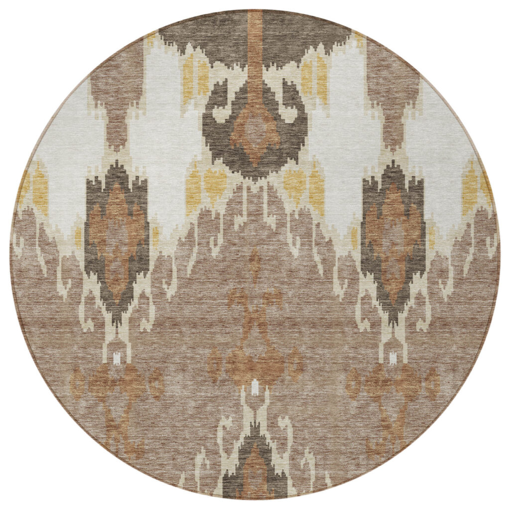 8' Brown Taupe And Beige Round Ikat Washable Indoor Outdoor Area Rug