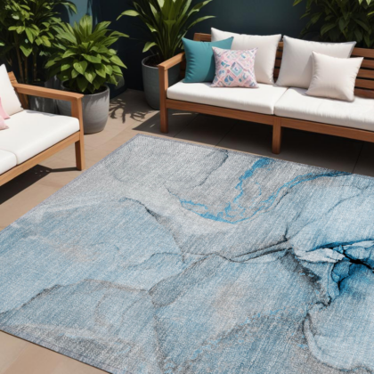 9' X 12' Blue and Ivory Abstract Washable Non Skid Indoor Outdoor Area Rug