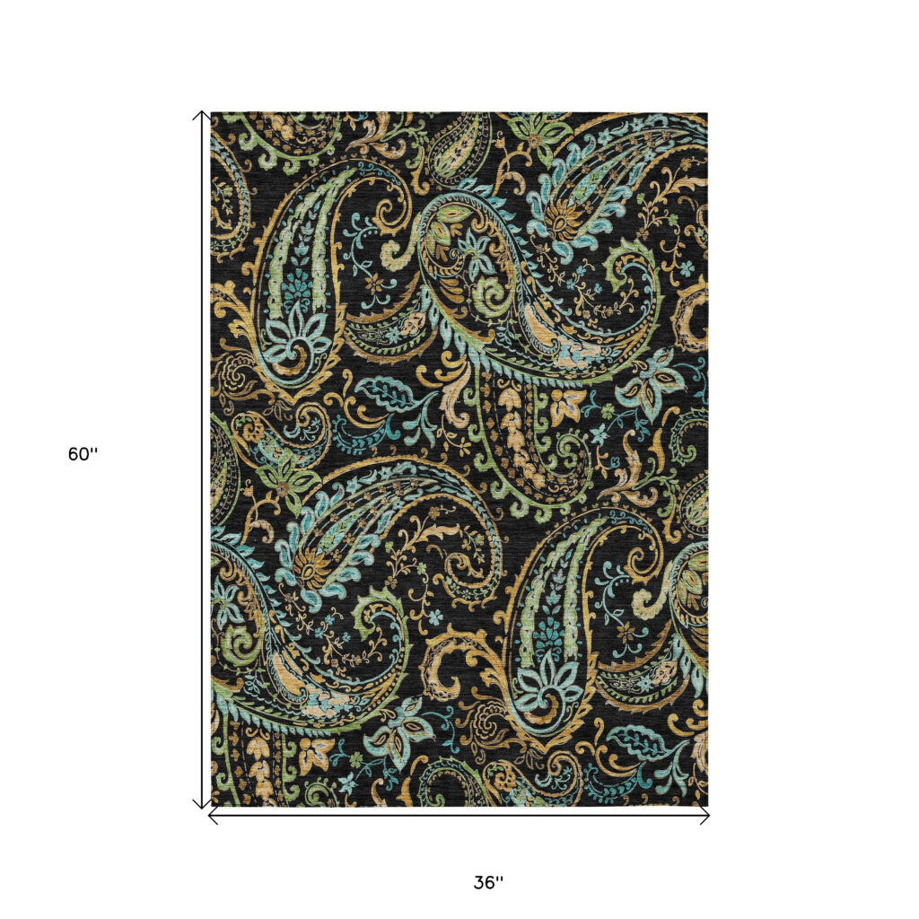 3' X 5' Black and Gold Paisley Washable Indoor Outdoor Area Rug