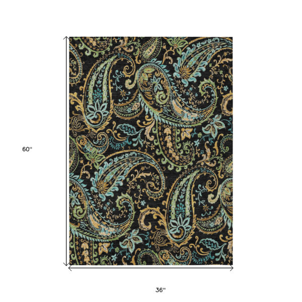 3' X 5' Black and Gold Paisley Washable Indoor Outdoor Area Rug