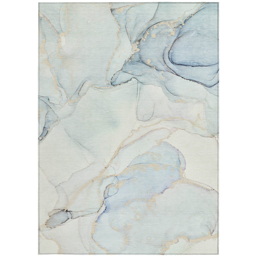 5' X 8' Beige and Blue Abstract Washable Non Skid Indoor Outdoor Area Rug