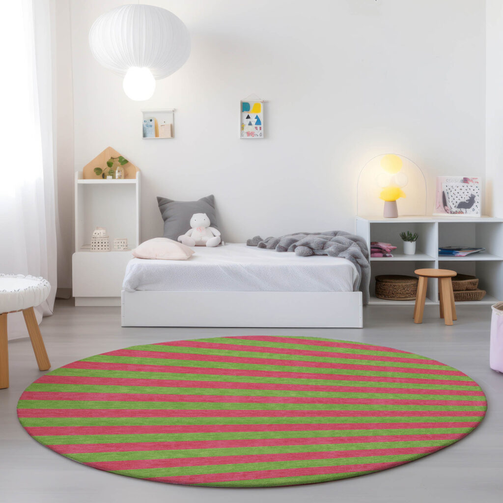 8' Round Green and Red Round Striped Washable Non Skid Indoor Outdoor Area Rug