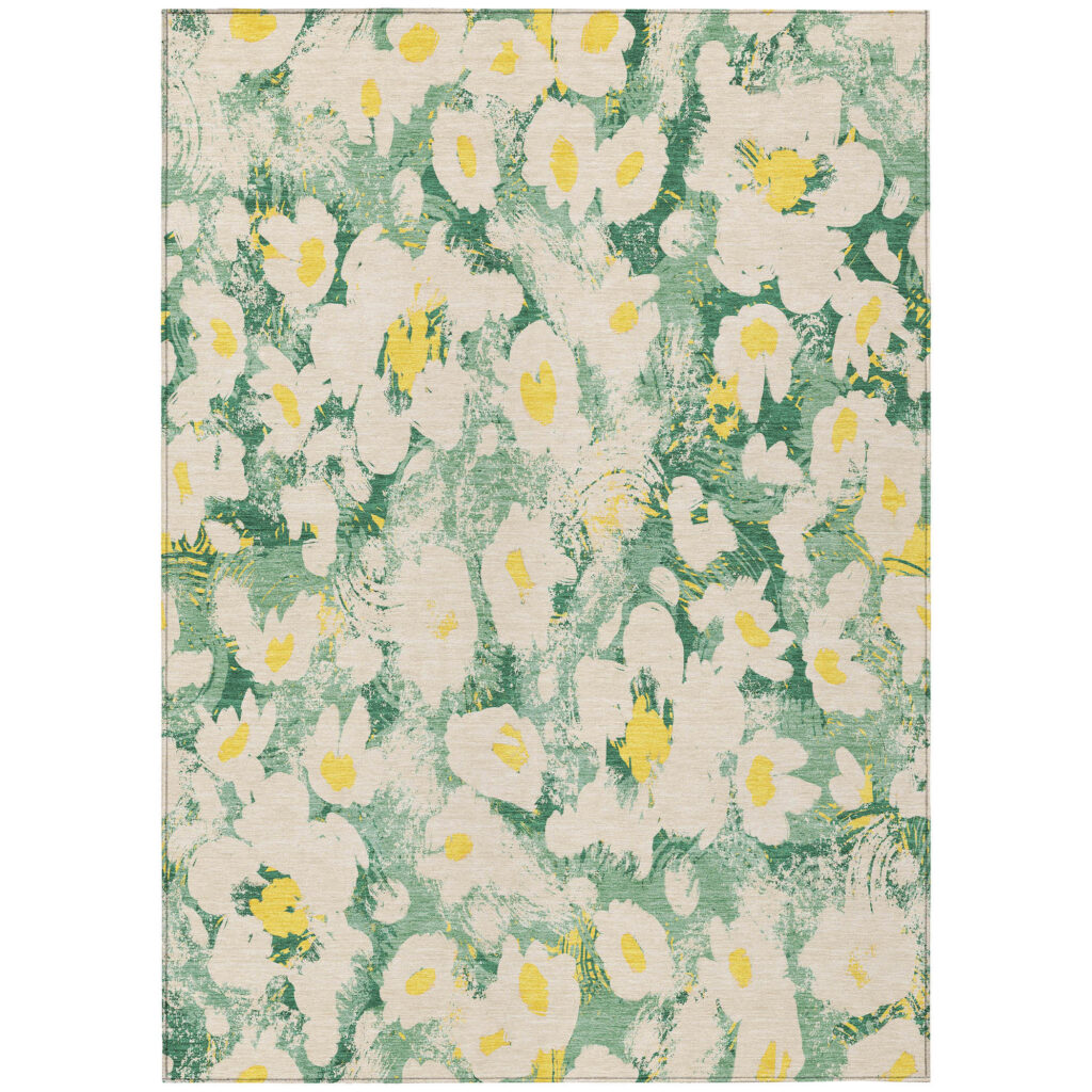 3' X 5' Green Floral Washable Non Skid Indoor Outdoor Area Rug