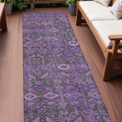 8' Runner Purple and Green Floral Washable Non Skid Indoor Outdoor Runner Rug