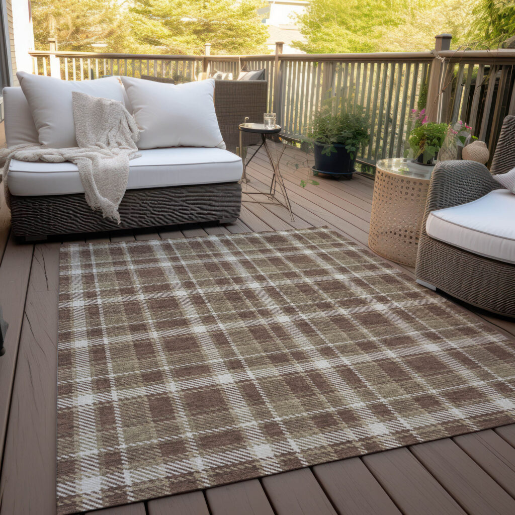 8' X 10' Chocolate and Ivory Plaid Washable Non Skid Indoor Outdoor Area Rug