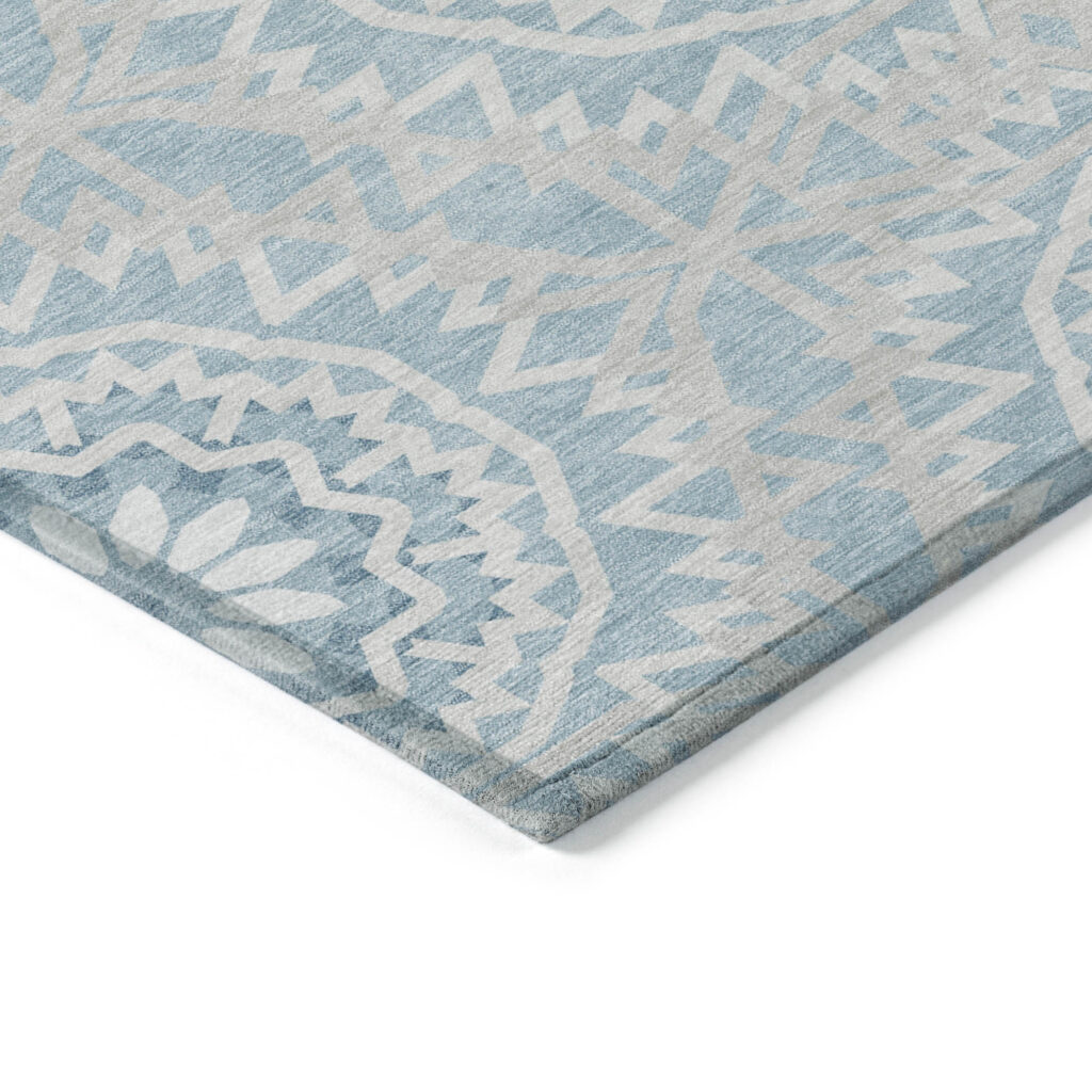 10' X 14' Denim Blue And Ivory Floral Medallion Washable Indoor Outdoor Area Rug