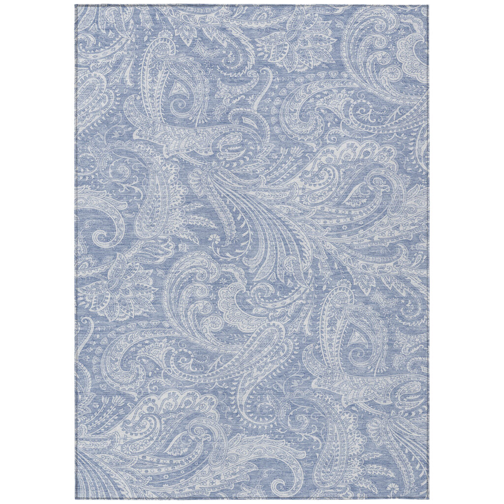 9' X 12' Denim Blue Sky Blue And Ivory Paisley Washable Indoor Outdoor Area Rug