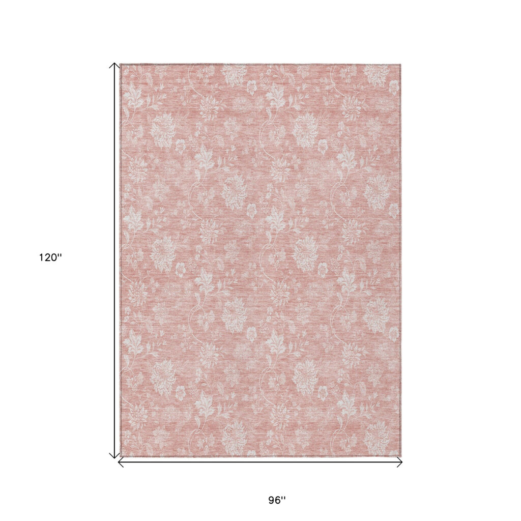 8' X 10' Pink Ivory And Blush Floral Washable Indoor Outdoor Area Rug