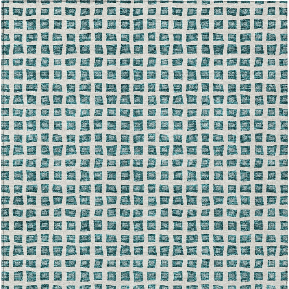 3' X 5' Teal Blue And Ivory Geometric Washable Indoor Outdoor Area Rug