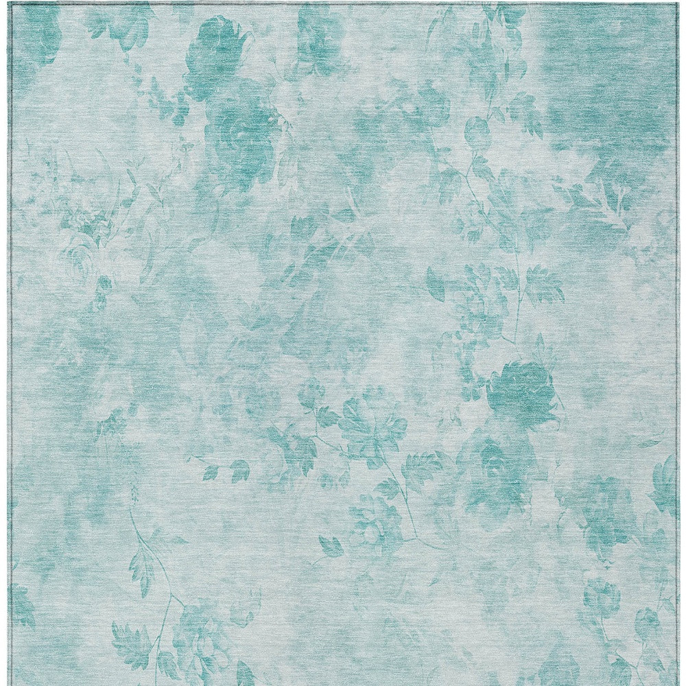 9' X 12' Aqua Teal Blue And Ivory Floral Washable Indoor Outdoor Area Rug