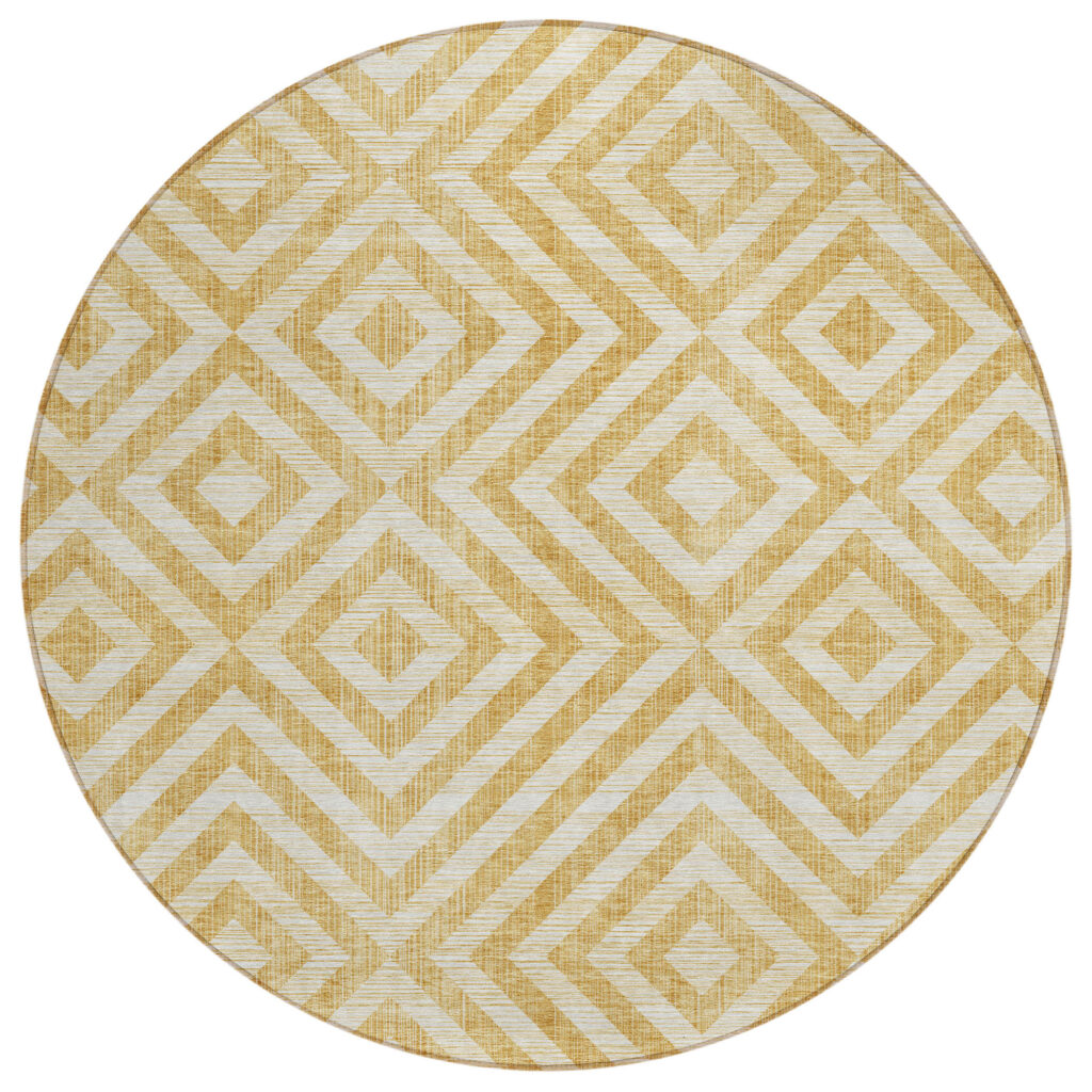 8' Gold Beige And Ivory Round Geometric Washable Indoor Outdoor Area Rug