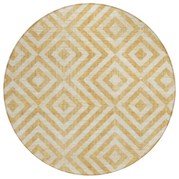 8' Gold Beige And Ivory Round Geometric Washable Indoor Outdoor Area Rug