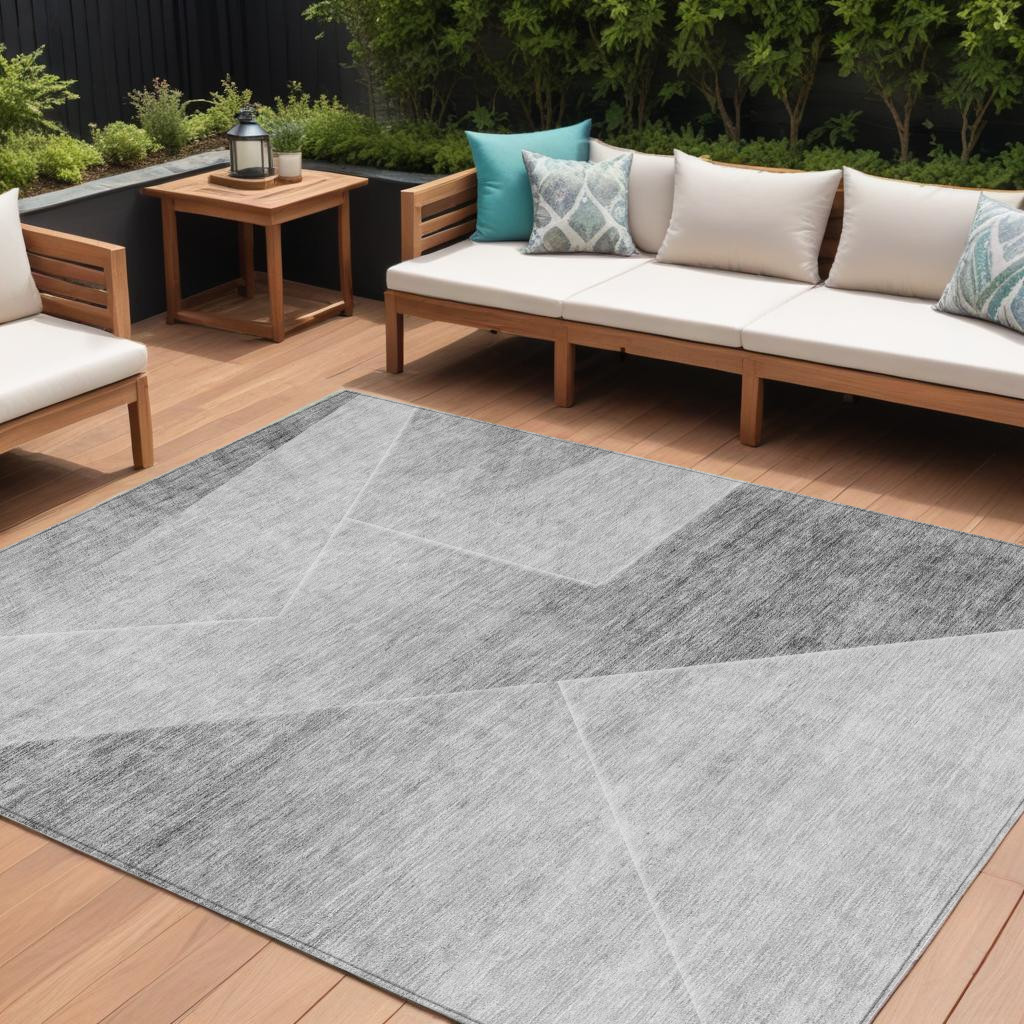9' X 12' Gray Silver And Charcoal Abstract Washable Indoor Outdoor Area Rug