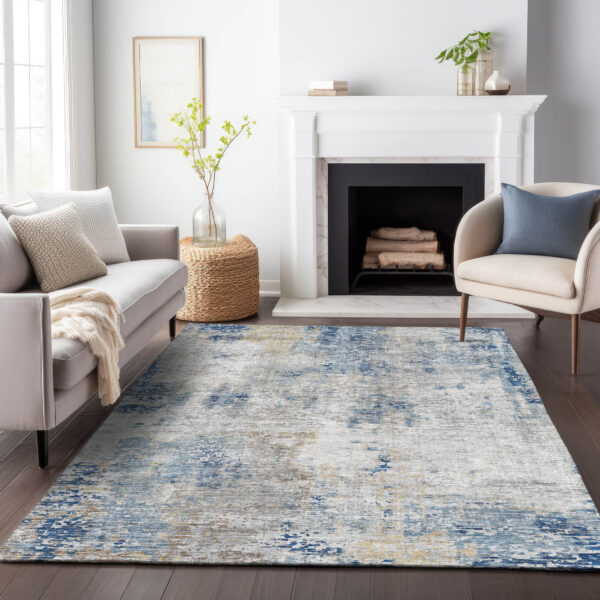 5' X 8' Denim Blue And Sky Blue Abstract Washable Indoor Outdoor Area Rug