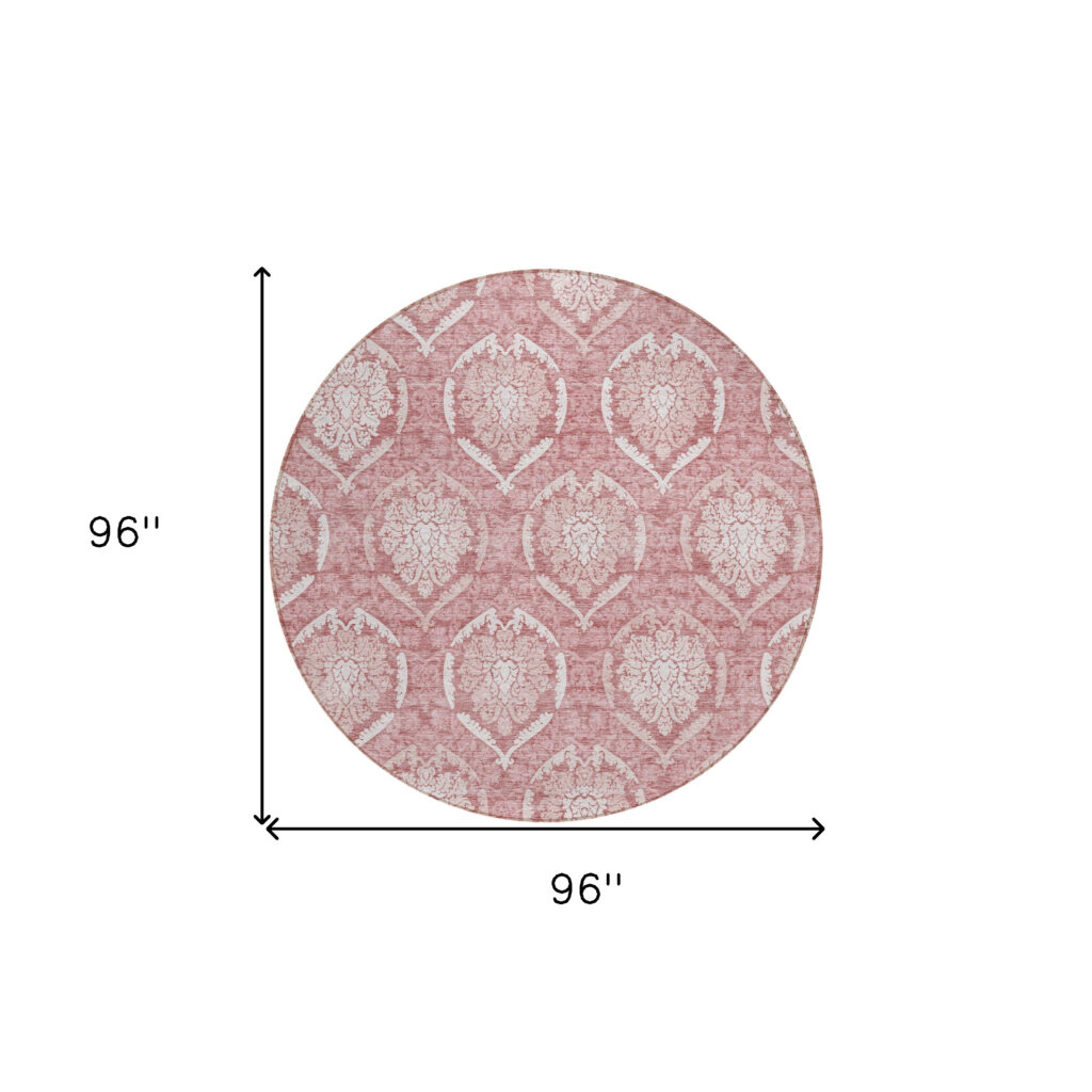 8' Pink Blush And Ivory Round Medallion Washable Indoor Outdoor Area Rug