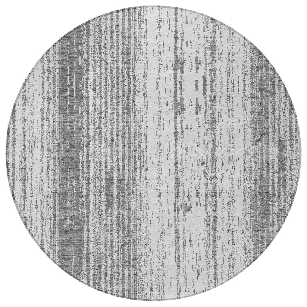 8' Gray And Ivory Round Striped Washable Indoor Outdoor Area Rug