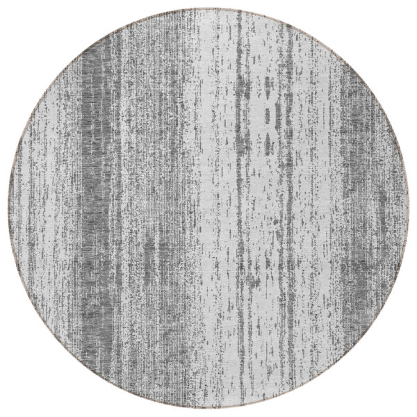 8' Gray And Ivory Round Striped Washable Indoor Outdoor Area Rug