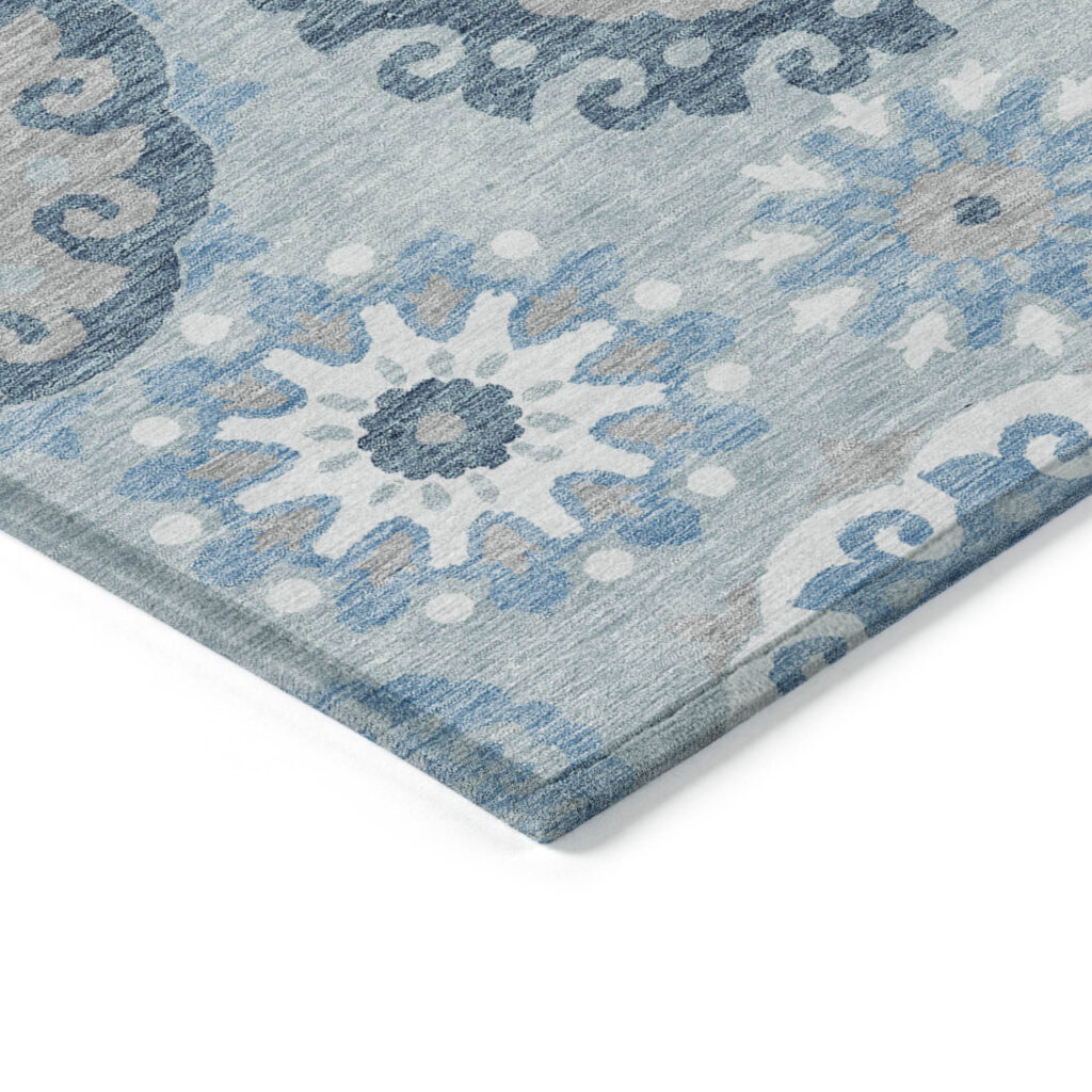 8' Sky Blue And Denim Blue Round Floral Medallion Washable Indoor Outdoor Area Rug