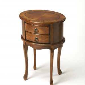 26" Medium Brown And Olive Ash Manufactured Wood Oval End Table With Two Drawers
