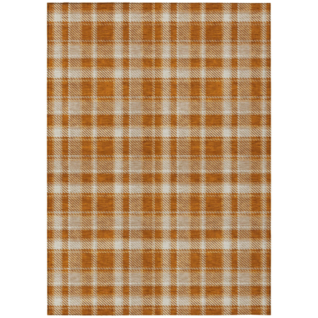 5' X 8' Orange and Ivory Plaid Washable Non Skid Indoor Outdoor Area Rug