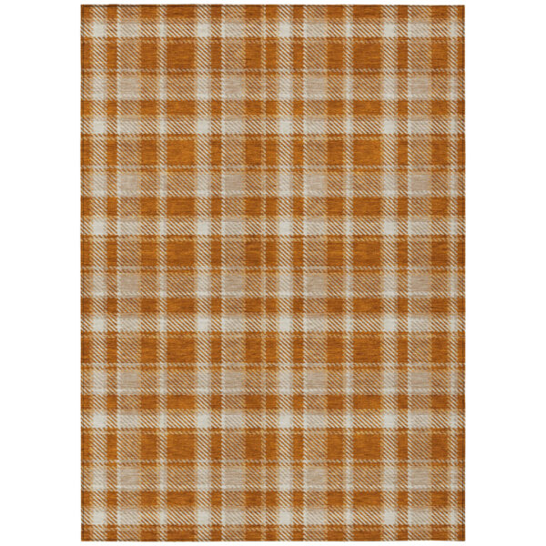 5' X 8' Orange and Ivory Plaid Washable Non Skid Indoor Outdoor Area Rug
