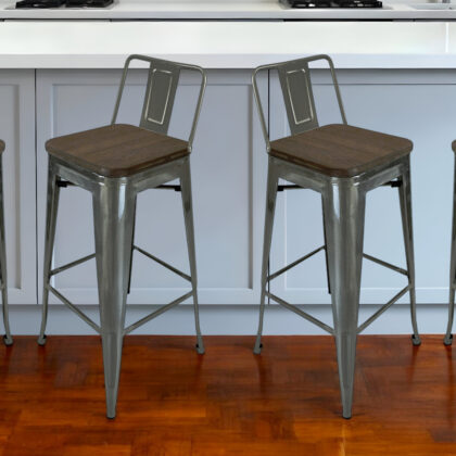 Set of Four 30" Brown and Gray Solid Wood and Metal Low Back Bar Height Bar Chairs