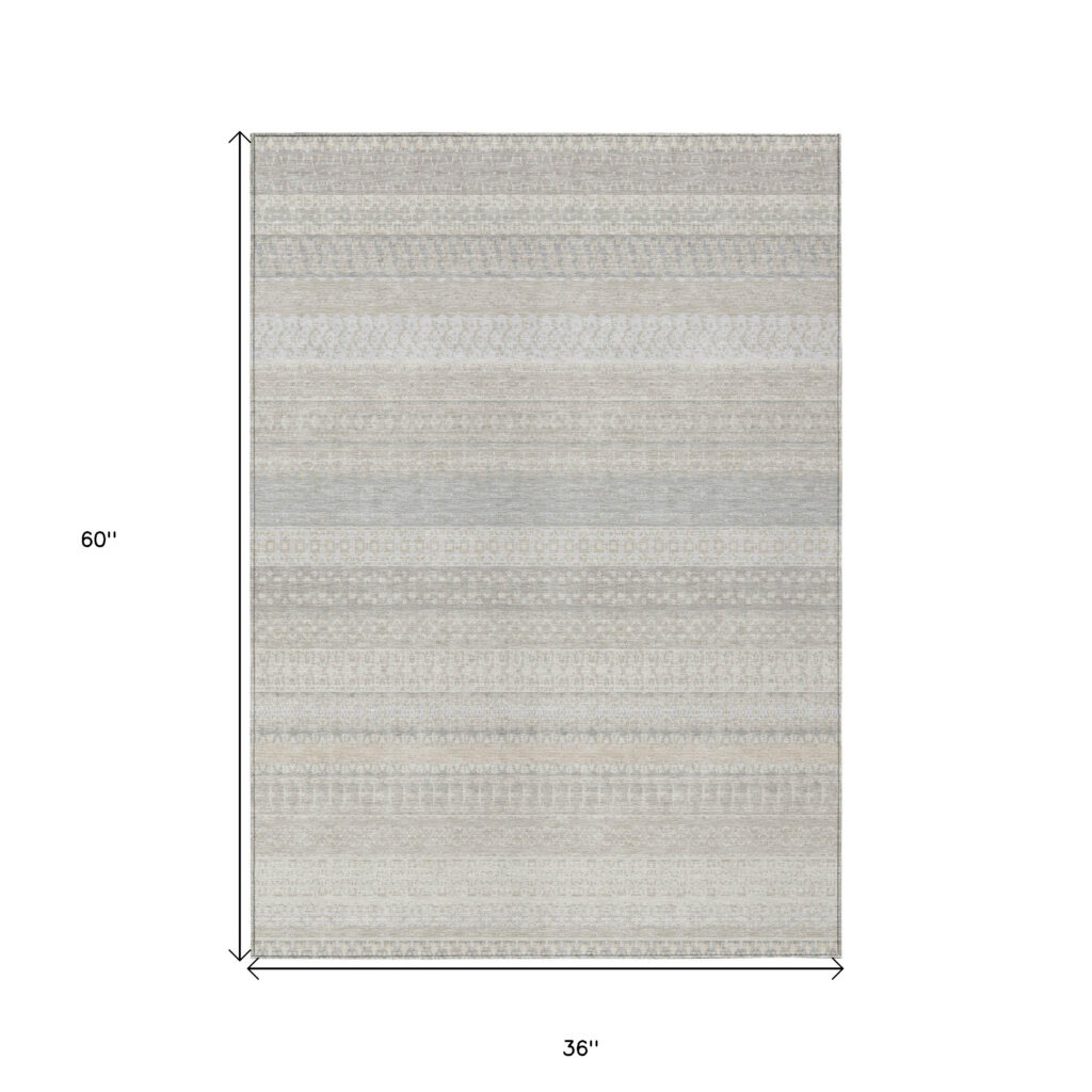 3' X 5' Ivory Striped Washable Indoor Outdoor Area Rug