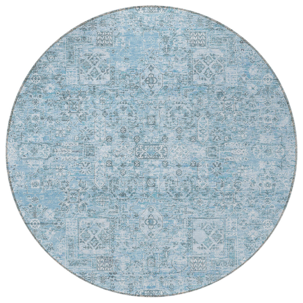 8' Sky Blue And Denim Blue Round Floral Washable Indoor Outdoor Area Rug