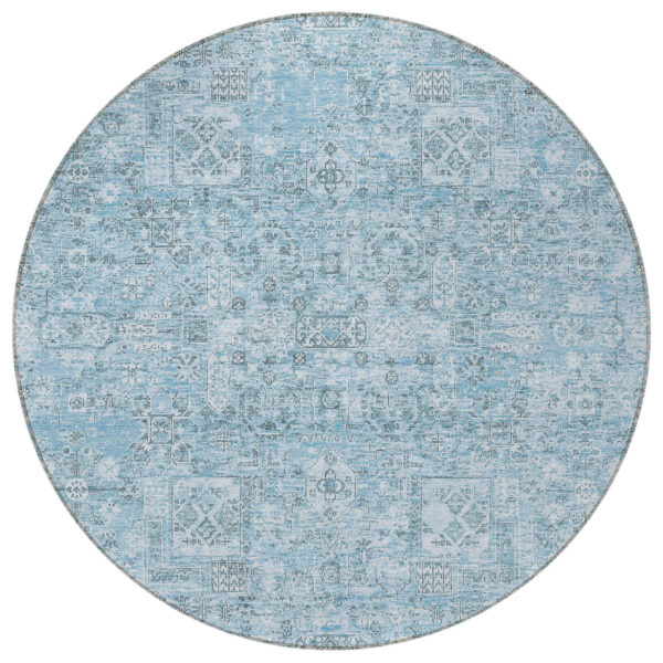 8' Sky Blue And Denim Blue Round Floral Washable Indoor Outdoor Area Rug