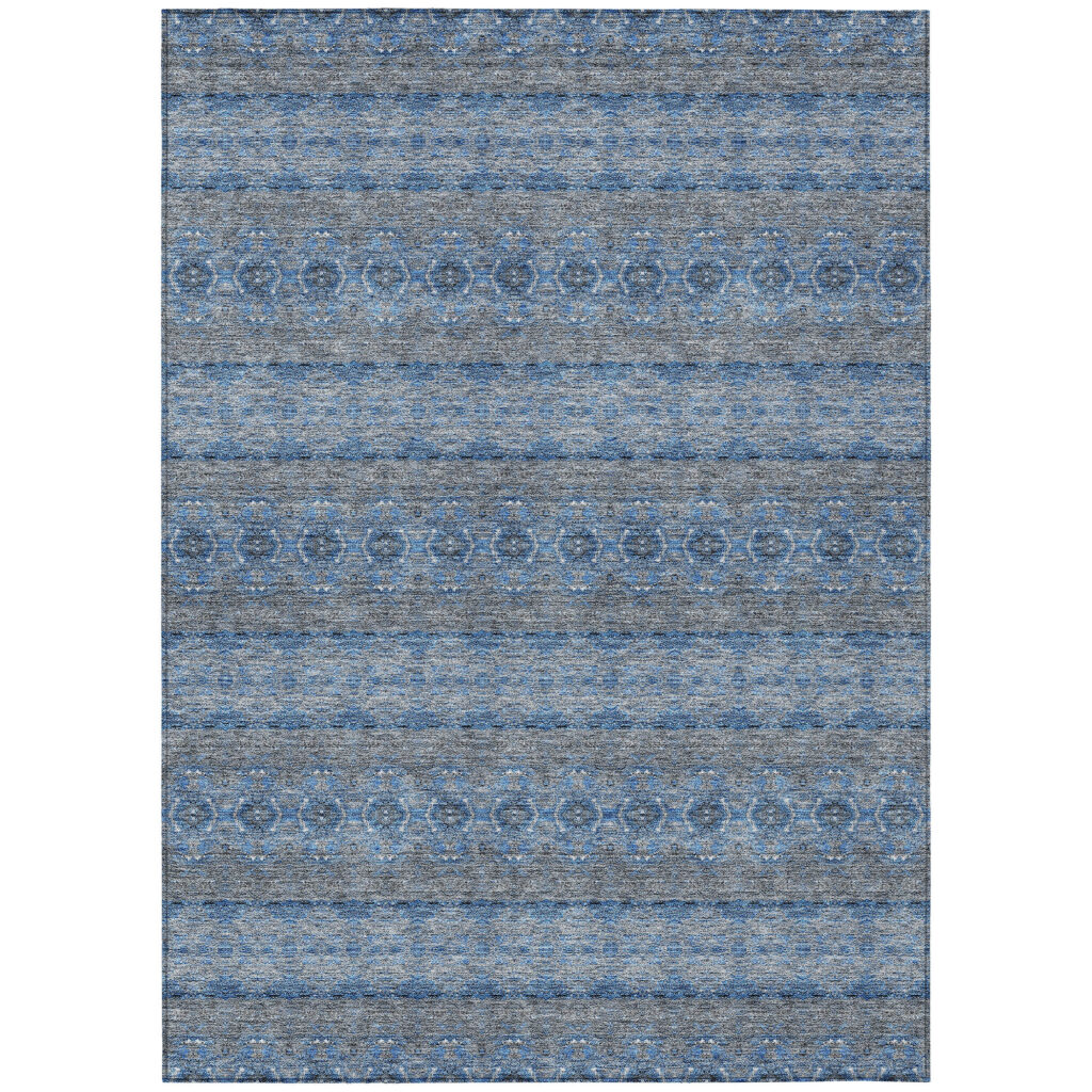 10' X 14' Navy Blue And Sky Blue Floral Medallion Washable Indoor Outdoor Area Rug