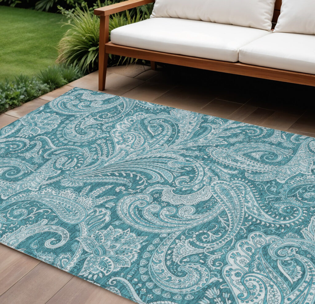 10' X 14' Turquoise And Ivory Paisley Washable Indoor Outdoor Area Rug