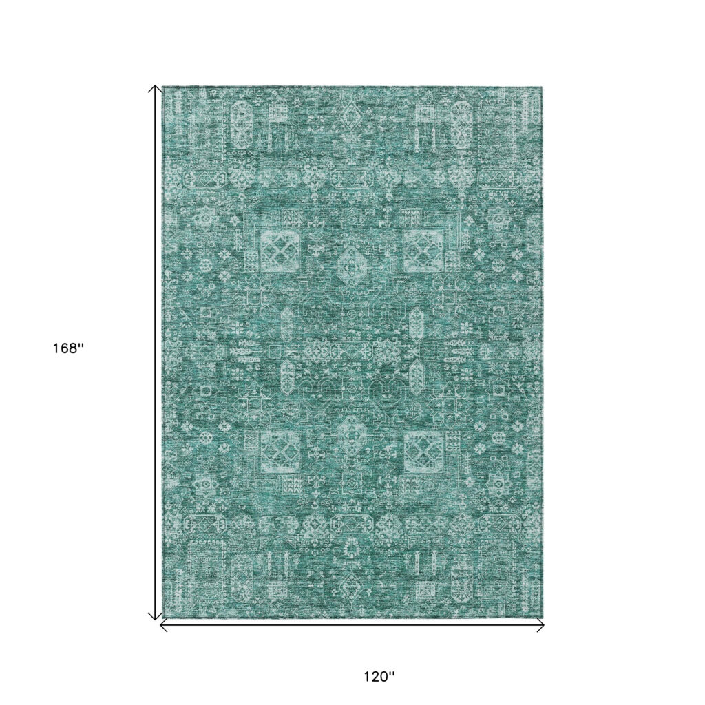 10' X 14' Dark Green And Aqua Oriental Washable Indoor Outdoor Area Rug