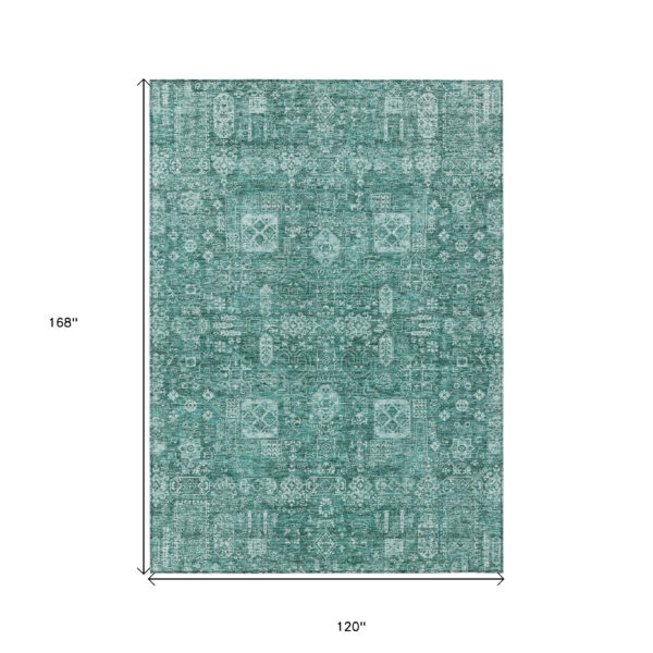 10' X 14' Dark Green And Aqua Oriental Washable Indoor Outdoor Area Rug