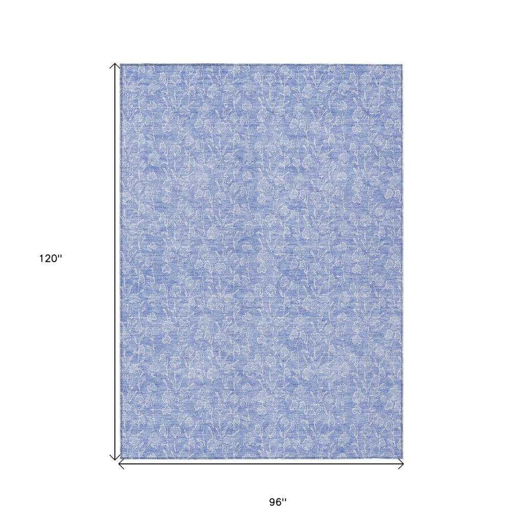 8' X 10' Denim Blue And Ivory Floral Washable Indoor Outdoor Area Rug