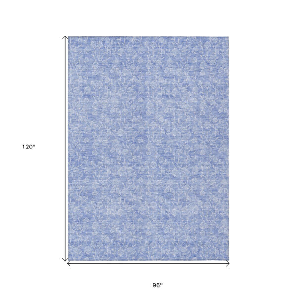 8' X 10' Denim Blue And Ivory Floral Washable Indoor Outdoor Area Rug