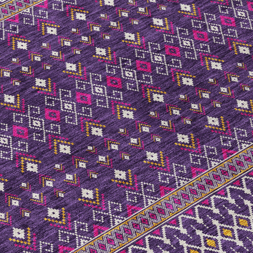 10' X 14' Purple Pink And Yellow Tribal Washable Indoor Outdoor Area Rug