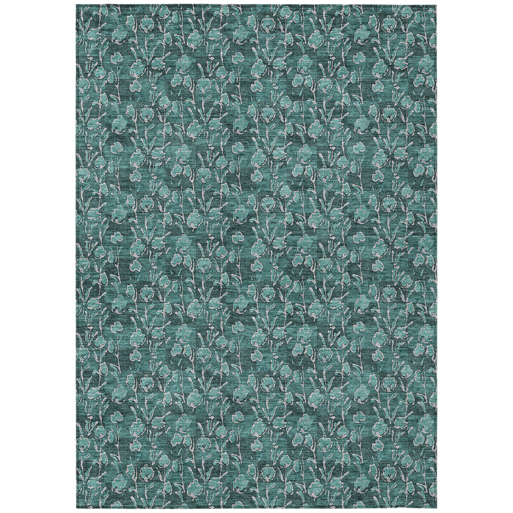 10' X 14' Teal Blue Aqua And Ivory Floral Washable Indoor Outdoor Area Rug