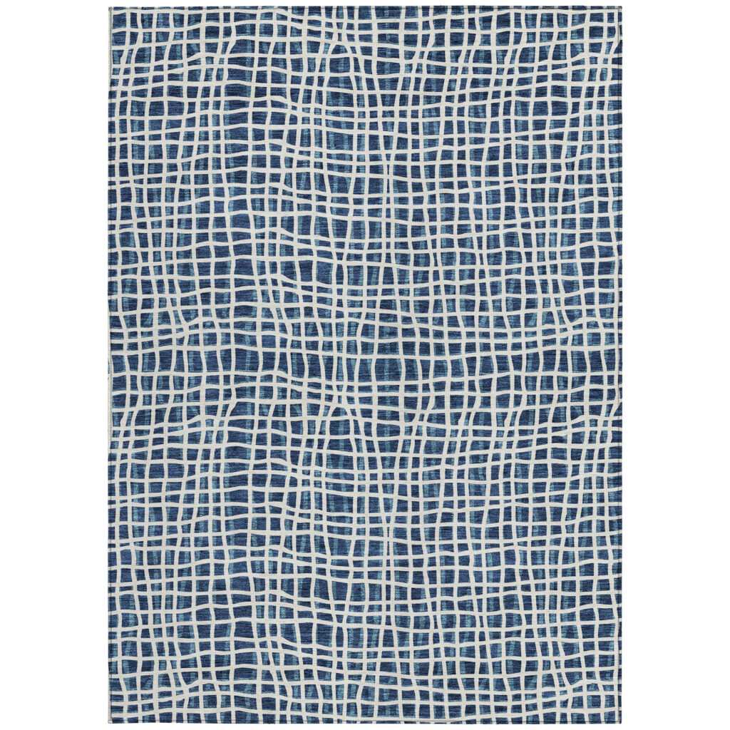 5' X 8' Navy Blue And Ivory Striped Washable Indoor Outdoor Area Rug