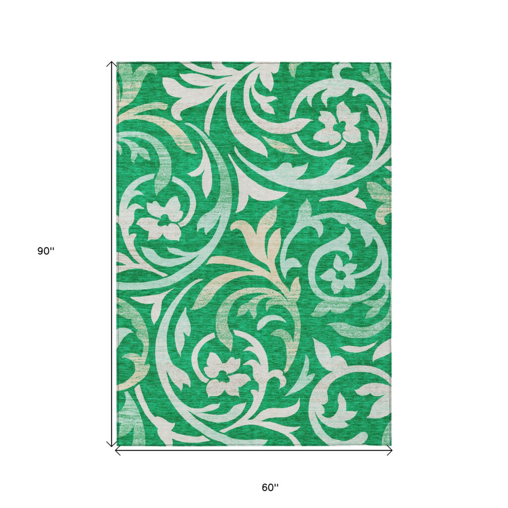 5' X 8' Mint Green And Ivory Floral Washable Indoor Outdoor Area Rug