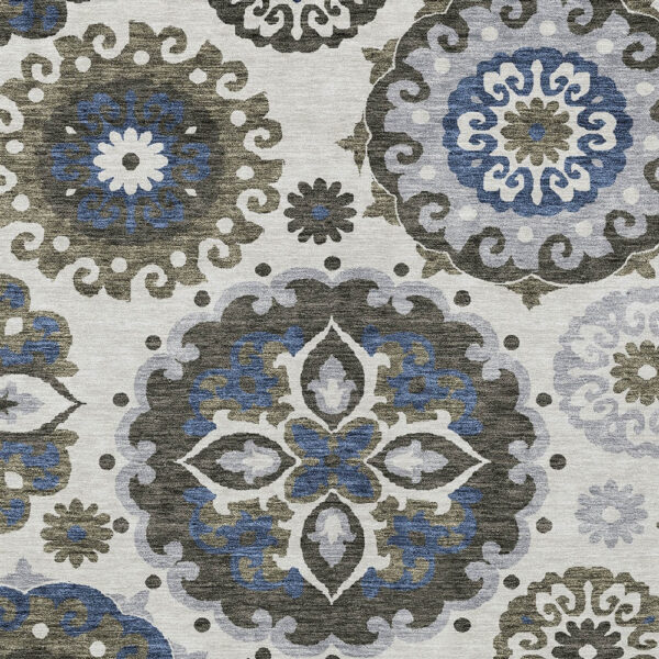 8' X 10' Pewter Silver And Gray Floral Medallion Washable Indoor Outdoor Area Rug