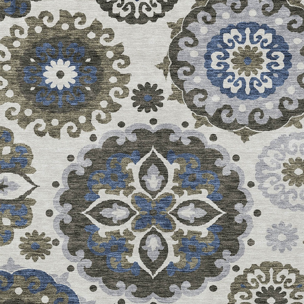 8' X 10' Pewter Silver And Gray Floral Medallion Washable Indoor Outdoor Area Rug