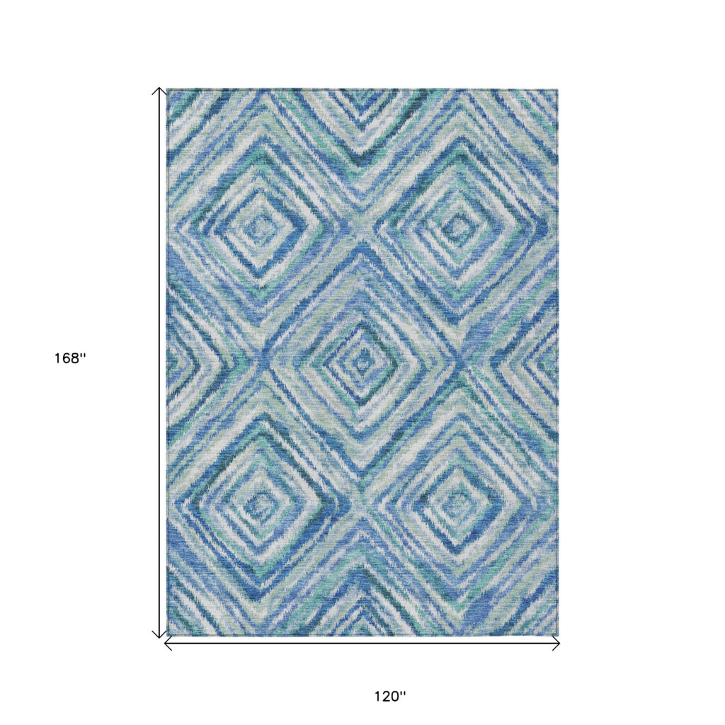 10' X 14' Blue Denim Blue And Green Geometric Washable Indoor Outdoor Area Rug