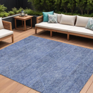 9' X 12' Denim Blue And Sky Blue Geometric Washable Indoor Outdoor Area Rug