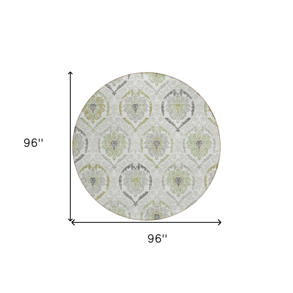 8' Gray And Olive Green Round Medallion Washable Indoor Outdoor Area Rug