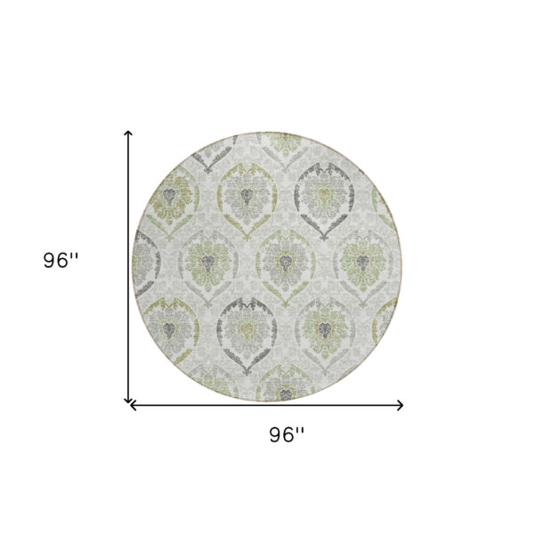 8' Gray And Olive Green Round Medallion Washable Indoor Outdoor Area Rug